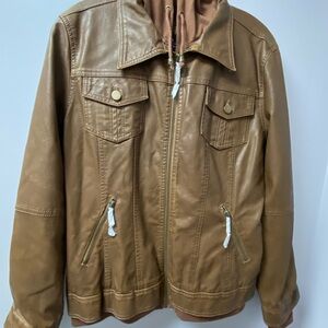 NWT LA Coalition Women's XL Tan Bomber Vegan Cruelty Free Faux Leather Jacket